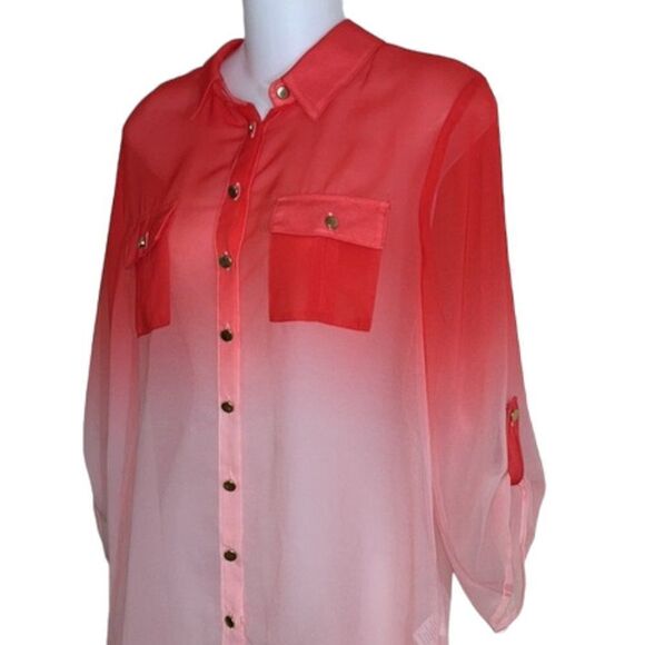 HALO Women's Ombré Dip Dye Button Tab Sleeve Sheer Blouse in Coral Size Medium - Picture 5 of 12